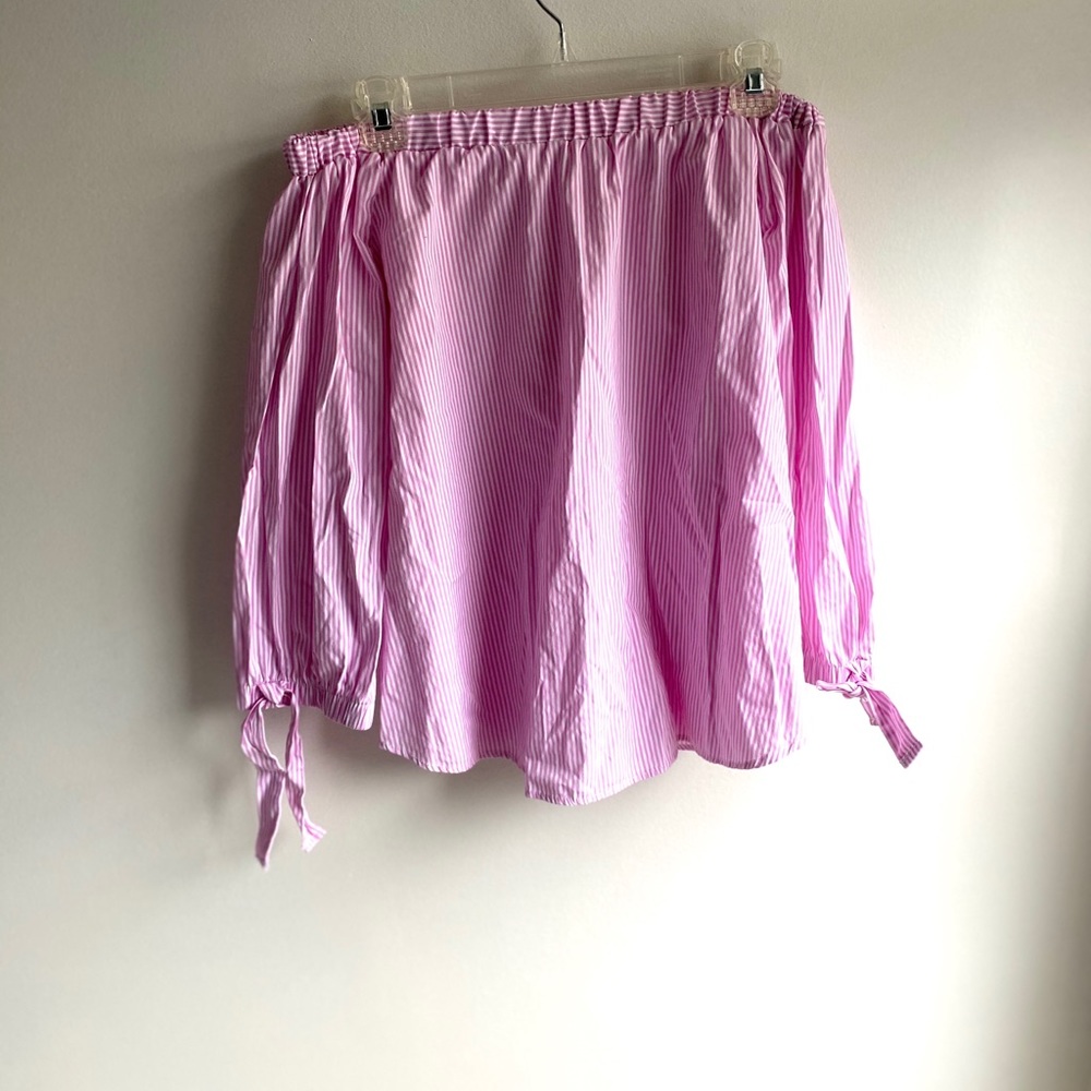 Off the shoulder pink pinstripe shirt